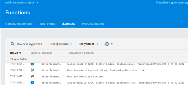 Рис. 18. Firebase Console – Журналы облачных функций Firebase