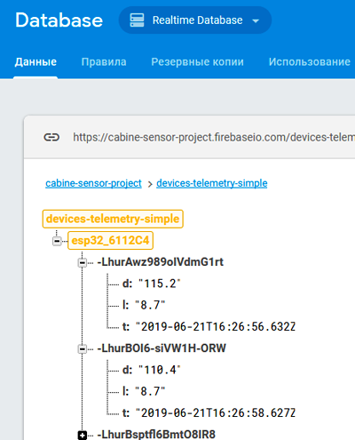 Рис. 20. Firebase Console – База данных в реальном времени