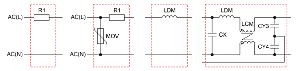 Рис. 4. Варианты входной защитной цепи и фильтра высокочастотных помех выпрямительных устройств на основе модулей LS