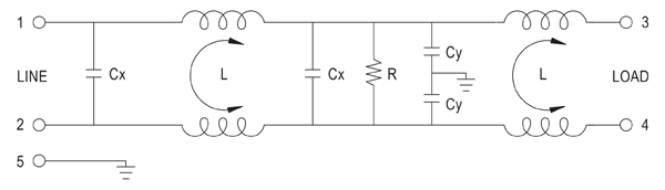 Рис. 34. Схема фильтра 30DPGS5C для подавления электромагнитных помех, устанавливаемого на входе источников питания семейства PHP-3500