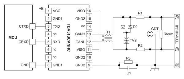 Рис. 22. Типовая схема изолированного интерфейса CAN на основе TDA51SCANHC