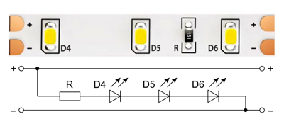 Рис. 1. Типичный сегмент светодиодной ленты (вверху) и его электрическая схема (внизу)