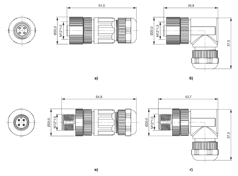 Рис. 3. Размеры кабельных разъемов PB-M12-FF (а) и PB12-M12-MM (в) и их угловых вариантов (б, г)
