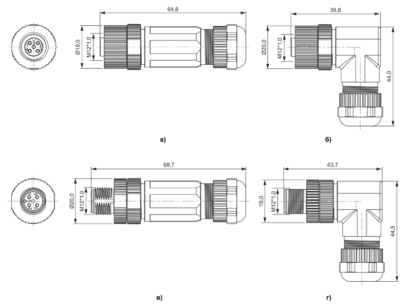 Рис. 5. Размеры кабельных разъемов PBSH-M12-FF (а) и PBSH12-M12-MM (в) и их угловых вариантов (б, г)