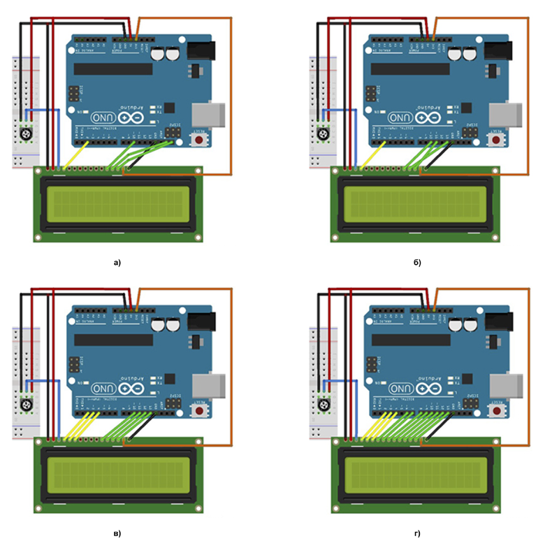 Рис. 4. Варианты подключения ЖК-дисплеев к ArduinoUno: а) подключение по I2C; б) подключение по SPI; в) интерфейс 6800, 4-битный вариант; г) интерфейс 6800, 8-битное подключение