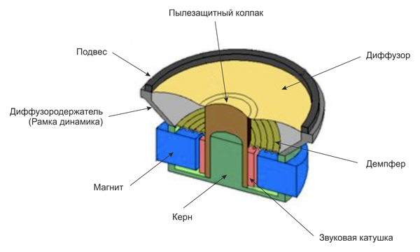 Рис. 5. Конструкция электродинамического громкоговорителя