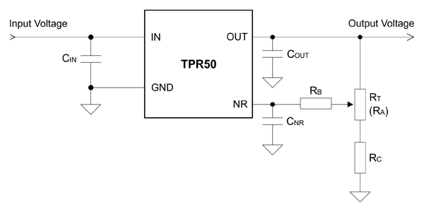 Рис. 3. Схема включения TPR50 с возможностью подстройки выходного напряжения