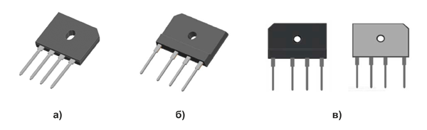 Рис. 1. Варианты корпусов новых серий диодных мостов YANGJIE: а) GBU; б) 6KBJ; в) PB (вид спереди и сзади)