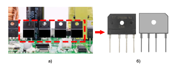 Рис. 3. Четыре дискретных диода в корпусе TO/ITO-220 (а) и предлагаемая замена в виде готового диодного моста в корпусе PB (б)