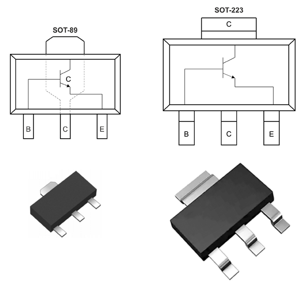 Рис. 1. Внешний вид и назначение выводов корпусов SOT-89 и SOT-223