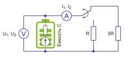 Рис. 3. Схема проведения измерений внутреннего сопротивления аккумулятора на постоянном токе