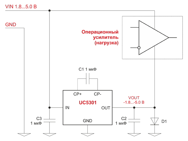 Рис. 5. Подключение UC5301 для двуполярного питания ОУ