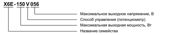 Рис. 1. Структура наименования LED-драйверов семейства X6E со встроенным потенциометром для регулировки выходного тока