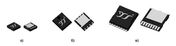 Рис. 1. Внешний вид и сопоставление размеров корпусов: а) DFN3333-8L; б) PDFN5060-8L; в) TOLL