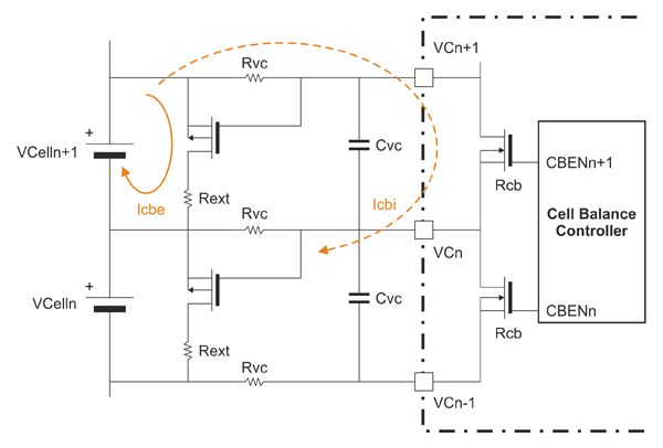 Рис. 7. Использование внешних p-канальных МОП-транзисторов для пассивной балансировки