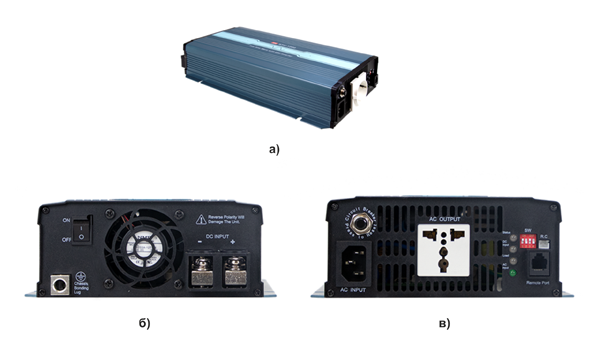 Рис. 10. Инверторы семейства NTU-1200/1700/2200/3200(UN): а) внешний вид; б) передняя (входная) панель; в) задняя (выходная) панель