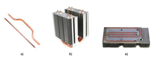 Рис. 3. Тепловые трубки (а) и их применение в радиаторах (б, в)