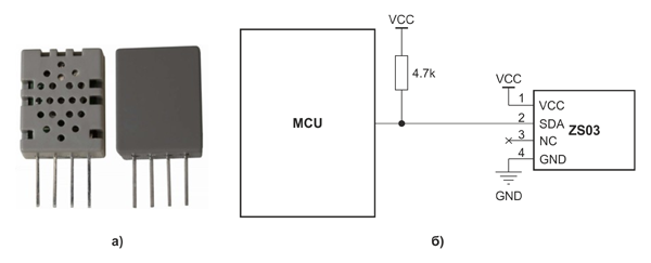 Рис. 1. Внешний вид датчика ZS03 производства компании Winsen (а) и его однопроводная схема подключения (б)