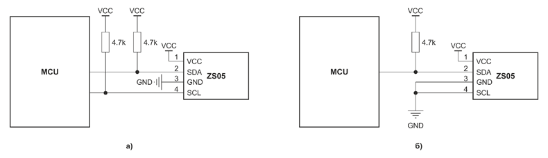 Рис. 2. Двухпроводная (а) и однопроводная (б) схемы подключения датчика ZS5 производства Winsen