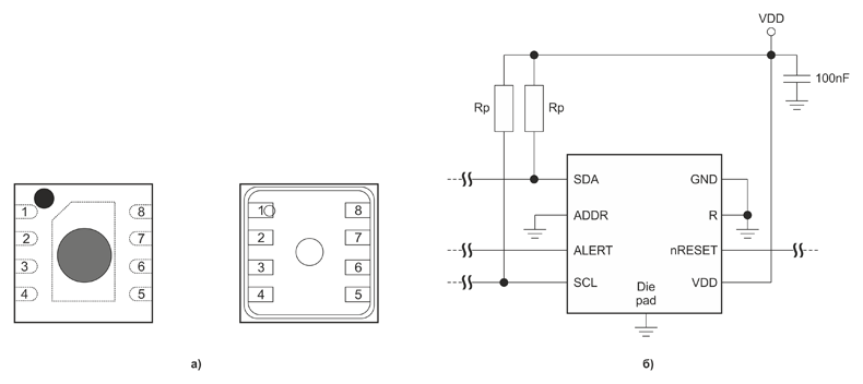 Рис. 3. Внешний вид (а) и схема подключения (б) датчика NSHT30-CLAR, выпускаемого компанией Novosense