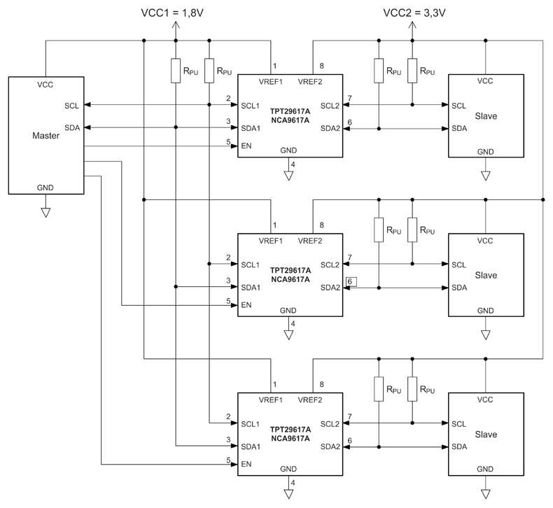 Рис. 4. Управляемая топология «звезда» шины I2C с помощью TPT29617A и NCA9617A