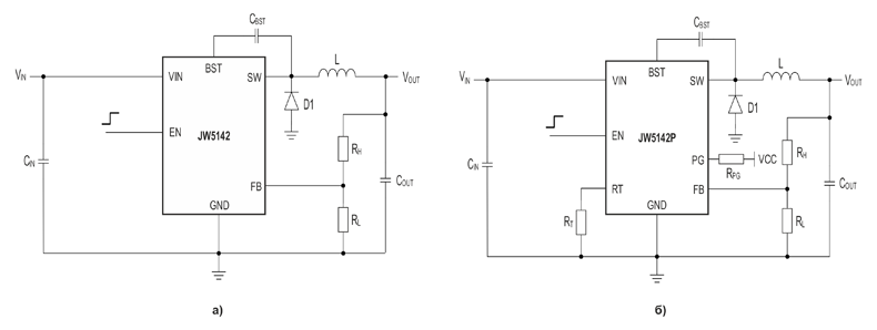 Рис. 10. Типовые схемы включения JW5142/JW5143 (а) и JW5142P/JW5143P (б)