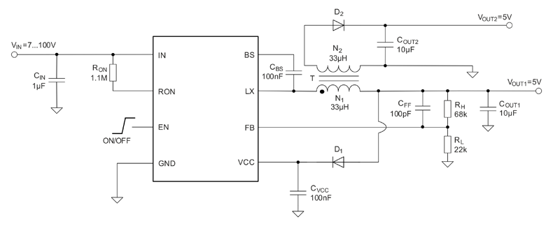 Рис. 13. Fly-Buck преобразователь на основе синхронного контроллера от Silergy