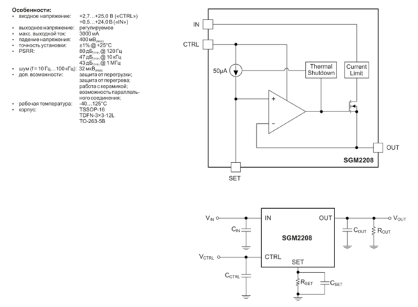 Рис. 11. Основные характеристики и схемы включения SGM2208