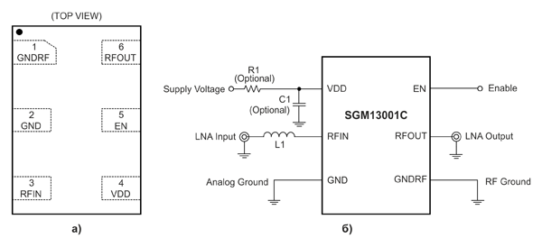 Рис. 1. Расположение выводов (а) и схема включения SGM13001CYUGF6G/TR (б)