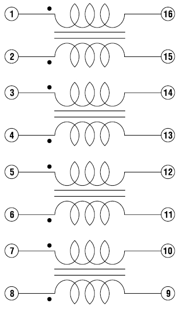 Рис. 8. Электрическая схема четырехлинейного синфазного дросселя серии CSLF1205