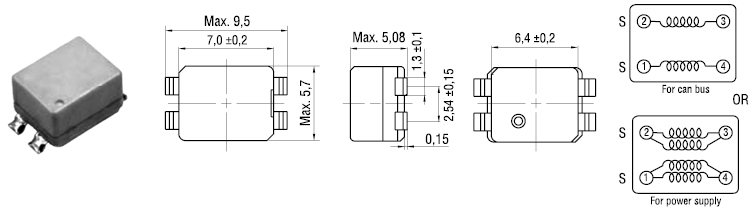 Рис. 13. Внешний вид и электрическая схема синфазного дросселя серии CPFC74