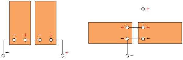 Рис. 1. Последовательное (а) и параллельное (б) соединение батарей