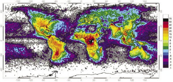 Рис. 3. Глобальная карта частоты ударов молний/км2/год