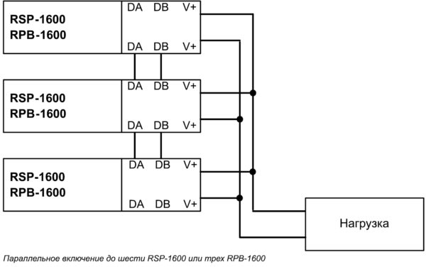 Рис. 11. Параллельное включение блоков питания серий RSP-1600 и RPB-1600