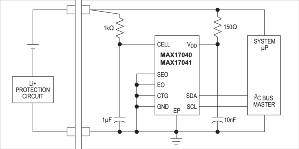 Рис. 10. Схема включения расходомера MAX17040/MAX17041
