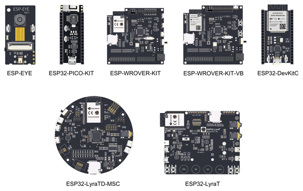 Рис. 7. Отладочные наборы для создания Wi-Fi + BT/BLE-устройств на базе микросхем и модулей ESP32
