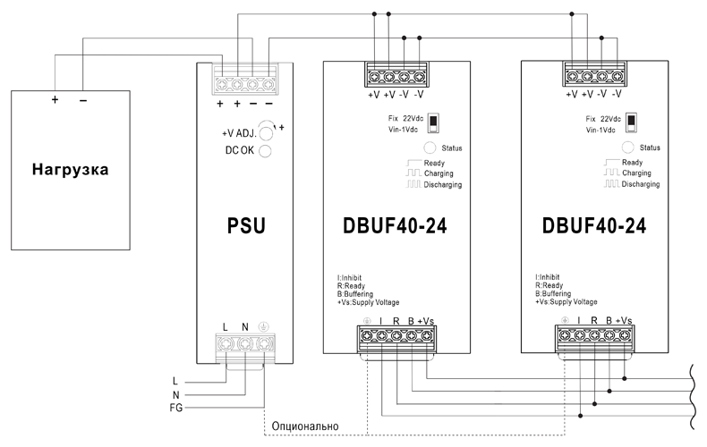 Рис. 11. Типовая схема системы бесперебойного питания на основе модулей DBUF20-24 и DBUF40-24