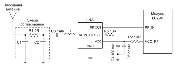 Рис. 12. Подключение пассивной антенны к модулю LC79D с использованием дополнительного малошумящего усилителя (LNA)