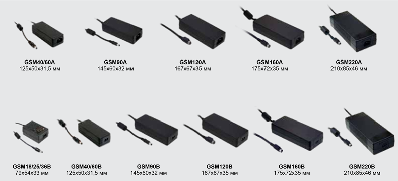 Рис. 13. Сетевые адаптеры семейства GSM мощностью 18…220 Вт в корпусах, предназначенных для установки на столе