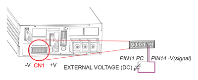 Рис. 14. Подключение внешнего интерфейса управления в режиме стабилизации выходного тока для источников питания серии DPU-3200
