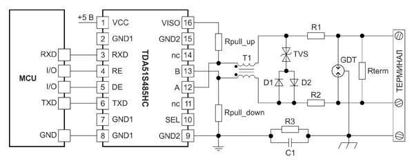 Рис. 21. Типовая схема изолированного интерфейса RS-485 на основе TDA51S485HC
