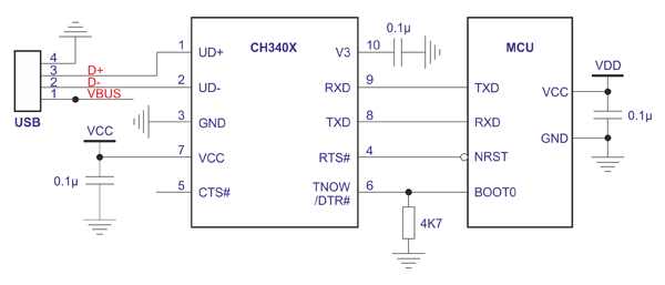 Рис. 3. Пример подключения преобразователя CH430 к микроконтроллеру