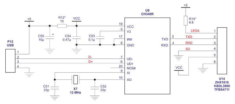 Рис. 4. Вариант адаптера USB-IrDA на основе связки CH340R и ИК-приемопередатчика типа ZHX1810/HSDL3000 (элемент U14)