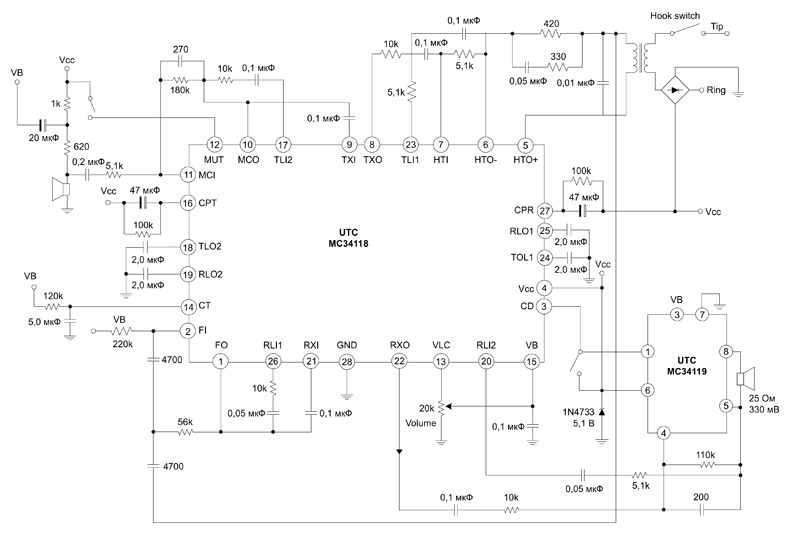 Рис. 5. Типовая схема громкой связи на базе MC34118 и MC34119