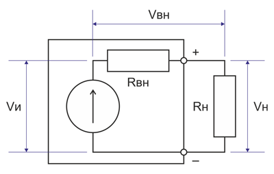 Рис. 1. Условная схема аккумуляторной батареи с подключенной нагрузкой