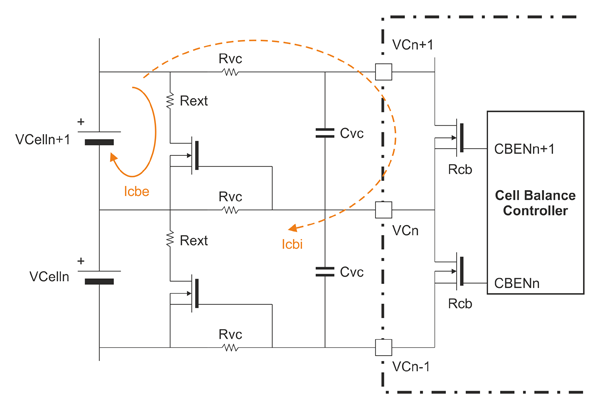 Рис. 6. Использование внешних n-канальных МОП-транзисторов для пассивной балансировки