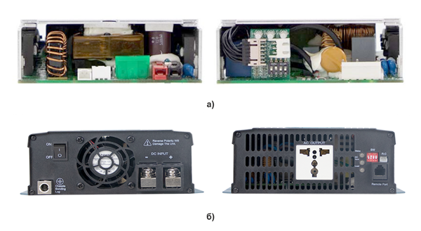 Рис. 6 Передняя (входная) и задняя (выходная) панели инверторов семейства NTS: а) NTS-250P/400P; б) NTS-300/450/750/1200/1700/2200/3200(UN)