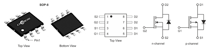 Рис. 2. Сборки из двух комплементарных транзисторов CRMM4606, CRMM4614C и CRMM4978C в корпусах SOP8 и SOP8L
