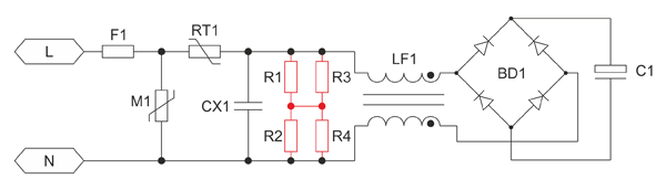 Рис. 1. Типовая схема входа ИИП: резисторы R1, R2, R3, R4 (выделенные красным цветом) являются разрядными