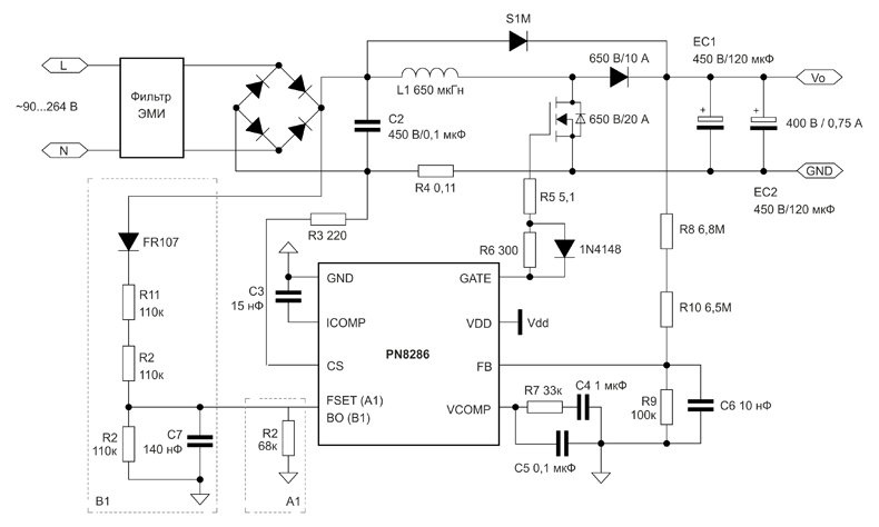 Рис. 14. Типовая схема ККМ с режимом среднего тока на базе контроллеров PN8286Wx